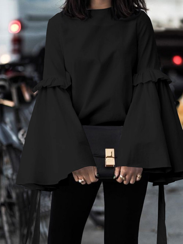 Flared Sleeves Loose Ruffled Solid Color Split-Joint Round-Neck T-Shirts Tops