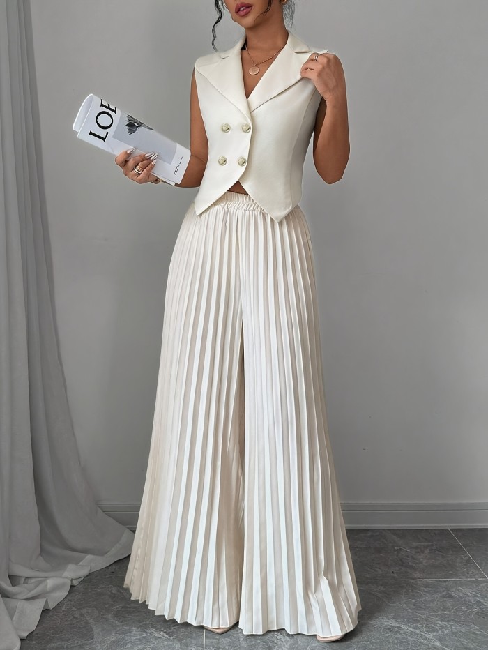 Elegant Solid Color Blazer & Pleated Wide-Leg Pants Set for Women - Machine Washable, Polyester\u002FSpandex Blend