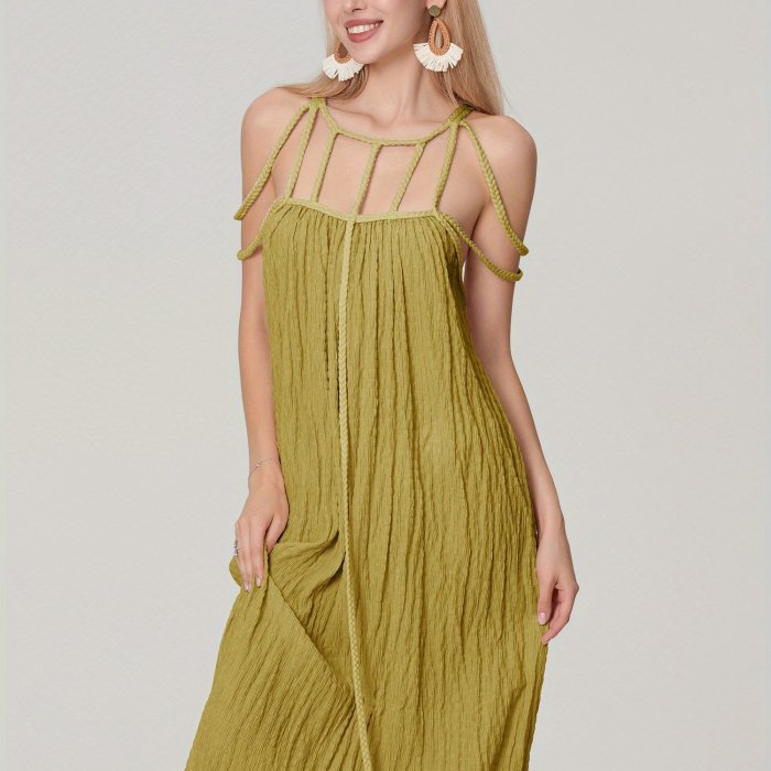 Elegant Women's Sleeveless Spaghetti Strap Maxi Dress - Chic Hollow-Out Design, Off-Shoulder Neck, Lightweight Polyester, Perfect for Summer Beach Vacations