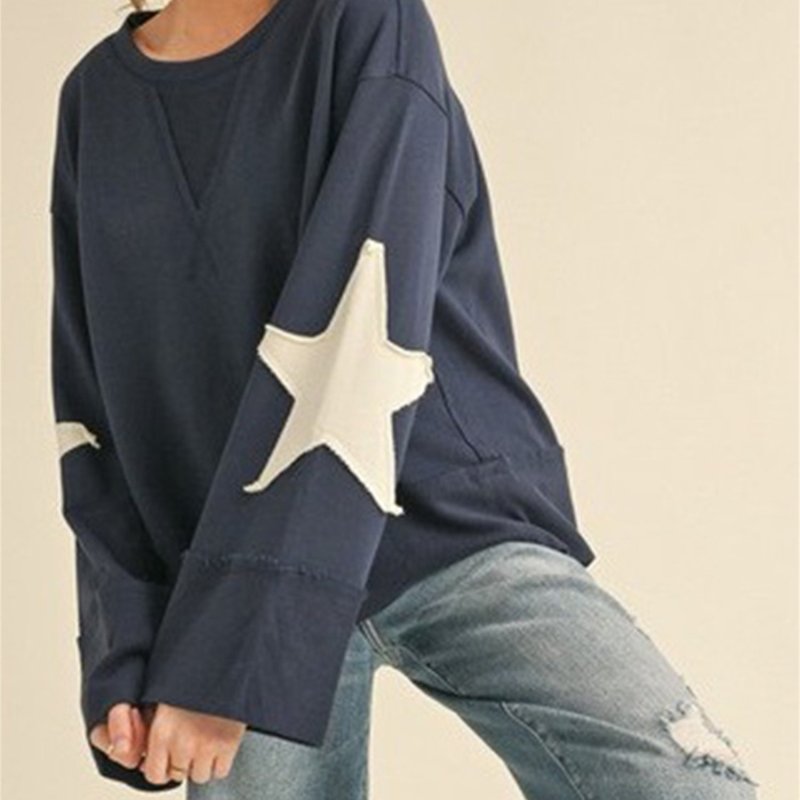 Women's Cozy Star Patchwork Sweatshirt - Navy Blue, Long Sleeve, Round Neck, Soft Polyester Pullover with V-Shaped Hem, Casual & Oversized Fit, Machine Washable, Allseason Apparel|Round Neck Top|Soft Polyester Fabric