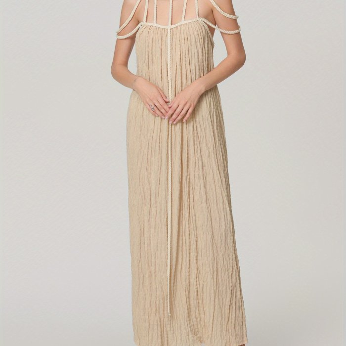 Elegant Women's Sleeveless Spaghetti Strap Maxi Dress - Chic Hollow-Out Design, Off-Shoulder Neck, Lightweight Polyester, Perfect for Summer Beach Vacations