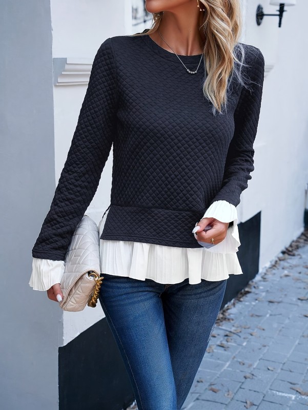 2-in-1 Versatile Mixed Media Pullover Sweatshirt - Soft Argyle Texture, Casual Long Sleeve Crew Neck, Fall & Winter Essential, Women's Cozy Clothing for Everyday Wear