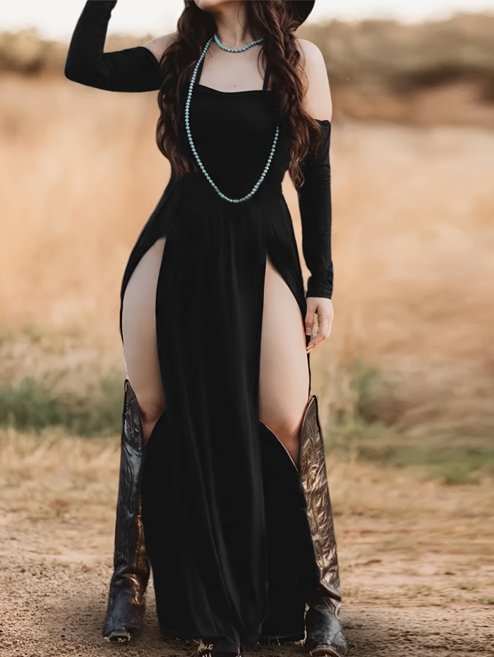Solid Color Off Shoulder Split Dress, Elegant Simple Slim Dress For Club & Party, Women's Clothing