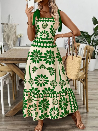 Elegant Off-Shoulder Tropical Print Dress with Lace Detailing - Sleeveless, Ruffled Hem, Polyester & Spandex Blend, Machine Washable - Perfect for Spring & Summer Outings