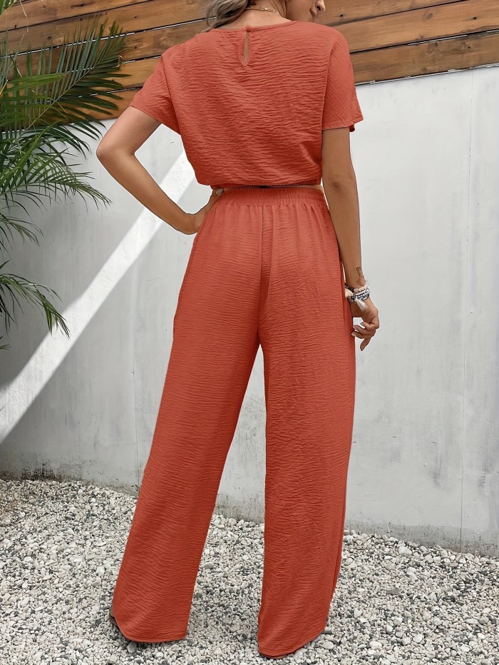 Solid Color Summer & Spring Casual Two-piece Set, Batwing Sleeve Crop Top & Tie Front Pants Outfits, Women's Clothing