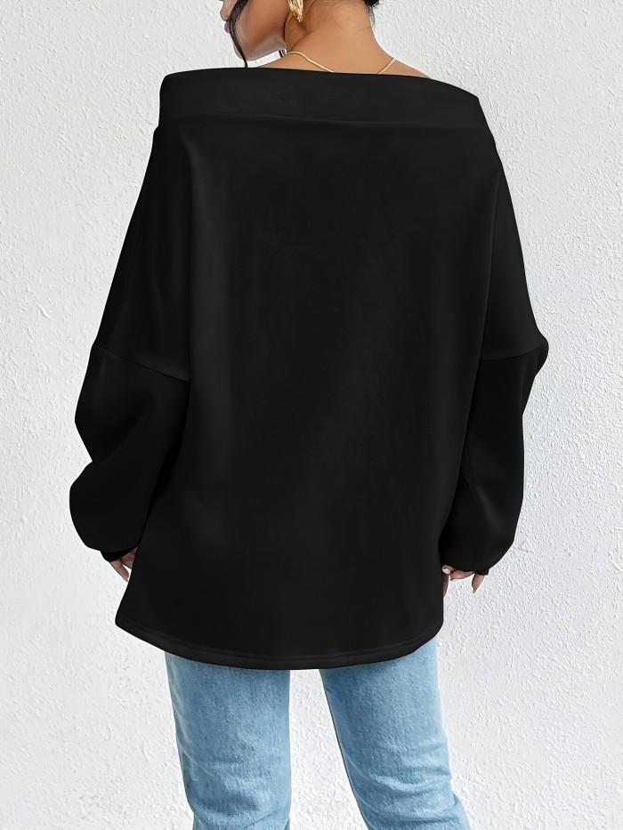 Winter Apparel Chic Women's Off-Shoulder Drawstring Sweatshirt - Casual Long Sleeve, Loose Fit, Solid Color Pullover for Fall\u002FWinter, Machine Washable