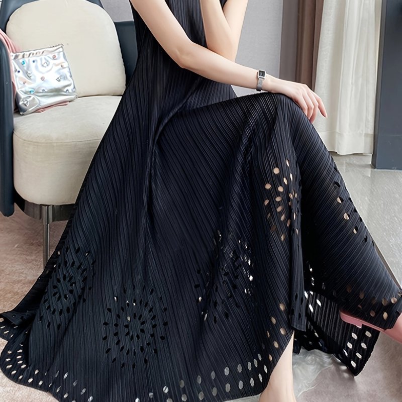 Elegant French-Inspired A-Line Dress with Pleats and Embroidery, Loose Fit, Round Neck, Solid Color, Polyester - Machine Washable for Women, High-end, Fashion