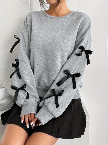 Women'S Elegant Solid Color Crew Neck Sweatshirt with Bow Detail, 100% Polyester Knit Fabric, Long Sleeve, Regular Length, Fall Fashion Top - 240gsm