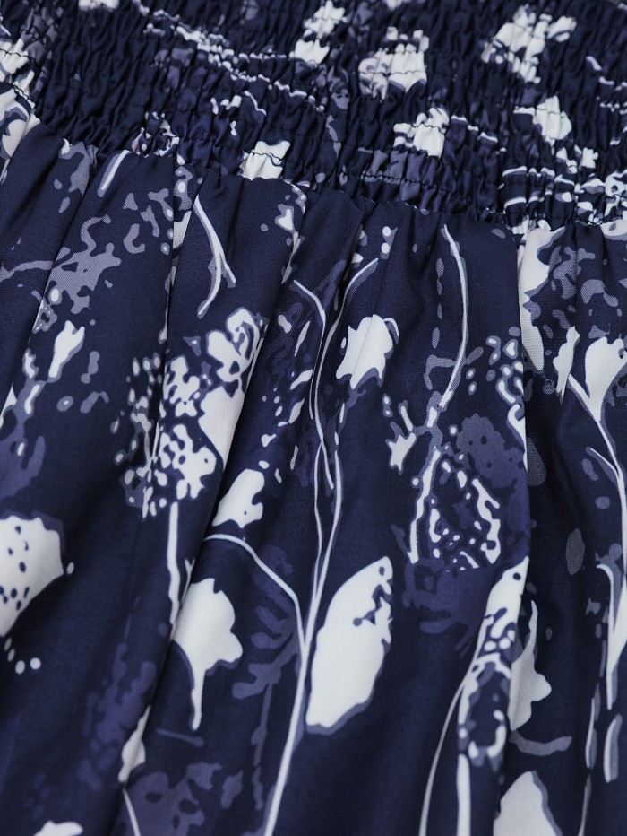Elegant Off-Shoulder Floral Maxi Dress for Women - Chic Ruffle Hem, 100% Polyester, Machine Washable, Blue & White Pattern - Perfect for Spring\u002FSummer