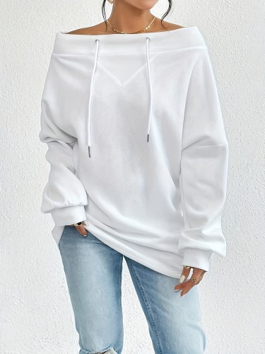 Winter Apparel Chic Women's Off-Shoulder Drawstring Sweatshirt - Casual Long Sleeve, Loose Fit, Solid Color Pullover for Fall\u002FWinter, Machine Washable
