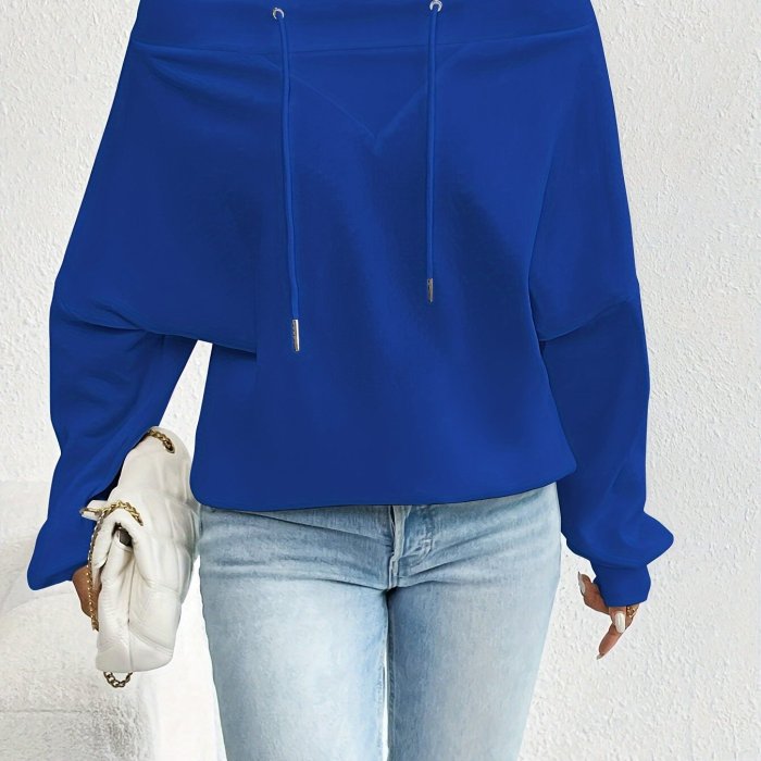 Winter Apparel Chic Women's Off-Shoulder Drawstring Sweatshirt - Casual Long Sleeve, Loose Fit, Solid Color Pullover for Fall\u002FWinter, Machine Washable