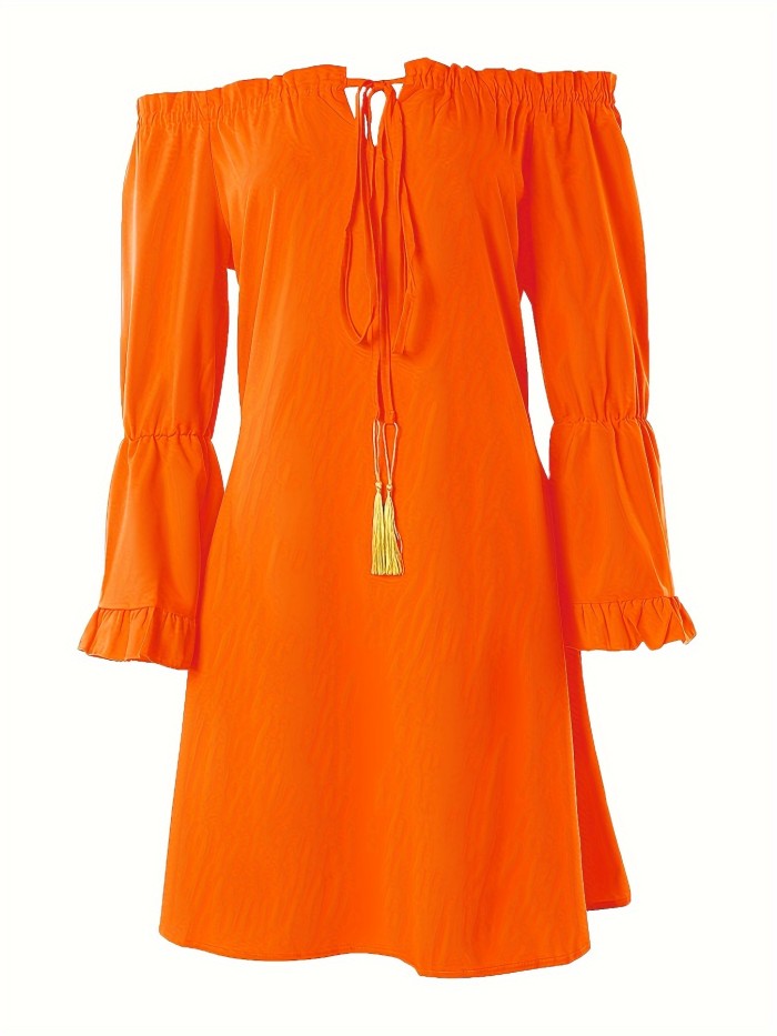 Women'S Off Shoulder Tassel Dress, Casual Solid Color Polyester A-Line Dress with Drawstring Detail, Woven Fabric, Spring\u002FFall Apparel, 100g\u002Fm² - Bright Orange