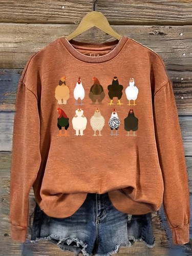 Women'S Casual Crew Neck Sweatshirt, Geometric Chicken Print, Polyester 95% Elastane 5%, Knit Fabric, 230g\u002Fm², Fall\u002FWinter Fashion Top