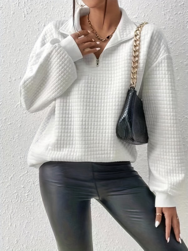 Womens Chic Waffle Grid Quarter Zip Pullover Sweatshirt - Cozy Fleece Lined, Lapel Collar, Long Sleeve - Perfect for Fall & Winter Styling