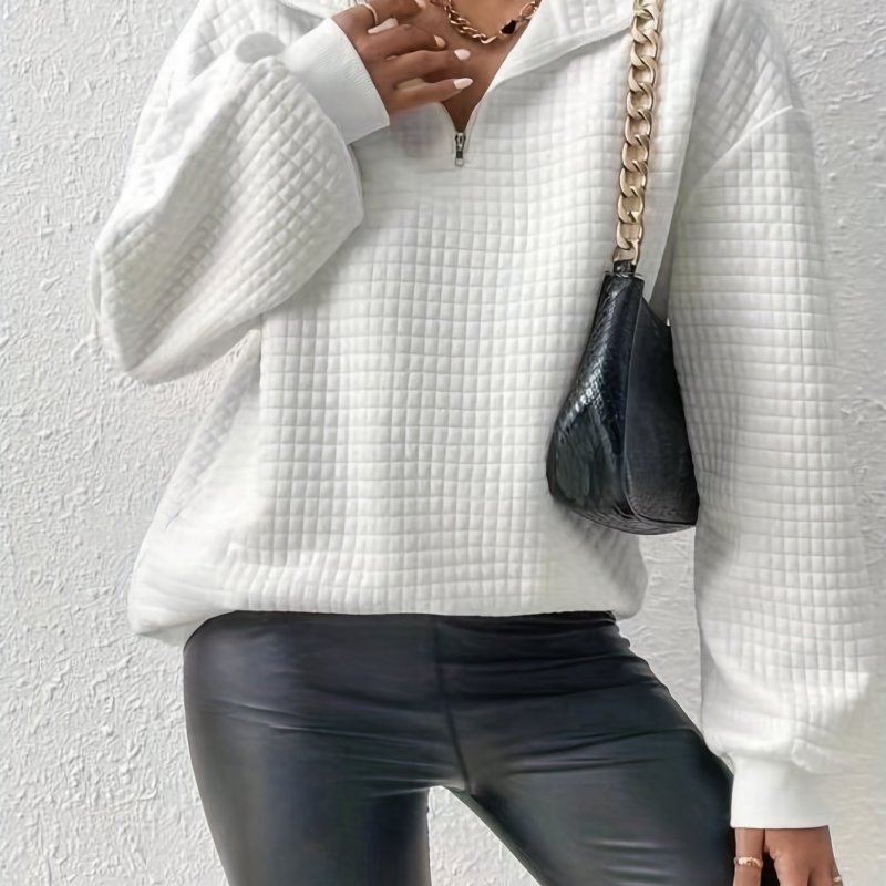 Womens Chic Waffle Grid Quarter Zip Pullover Sweatshirt - Cozy Fleece Lined, Lapel Collar, Long Sleeve - Perfect for Fall & Winter Styling