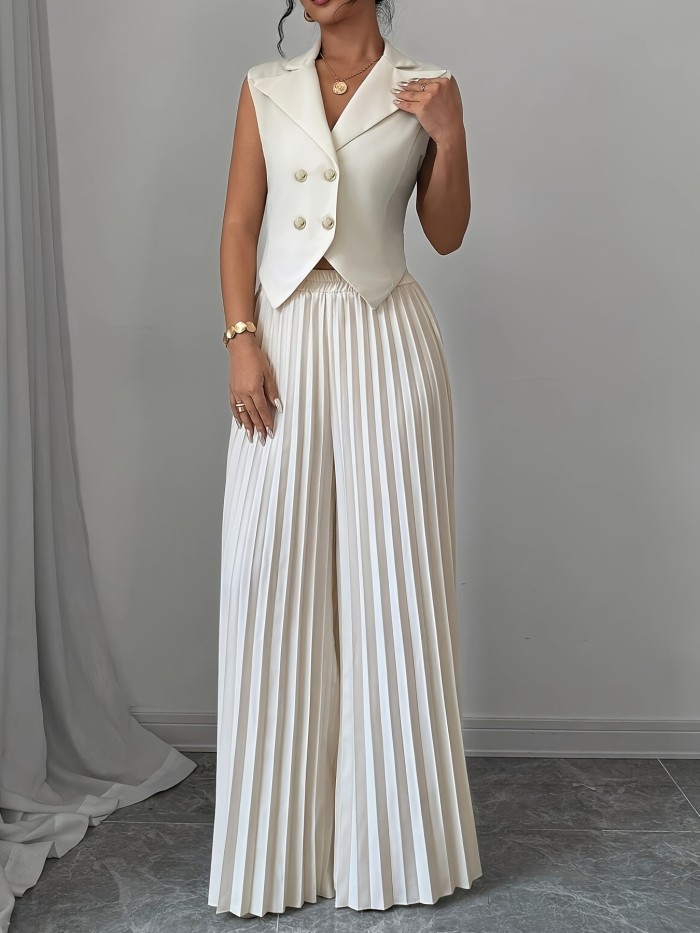 Elegant Solid Color Blazer & Pleated Wide-Leg Pants Set for Women - Machine Washable, Polyester\u002FSpandex Blend