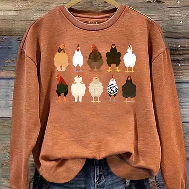 Women'S Casual Crew Neck Sweatshirt, Geometric Chicken Print, Polyester 95% Elastane 5%, Knit Fabric, 230g\u002Fm², Fall\u002FWinter Fashion Top