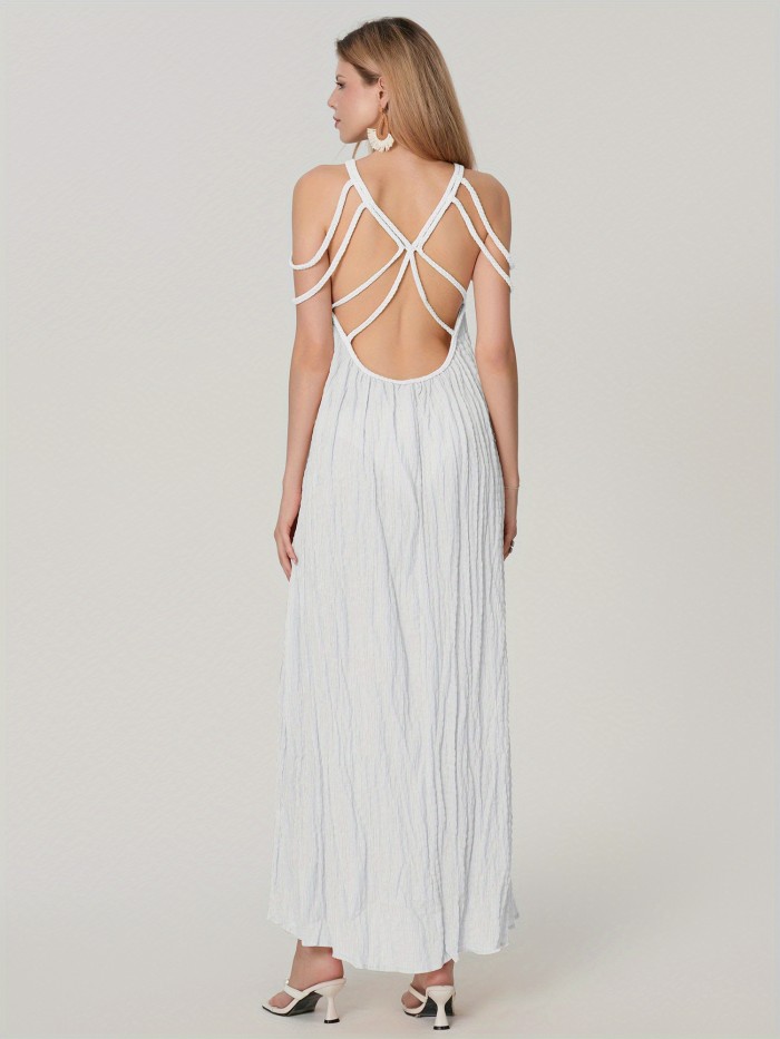 Elegant Women's Sleeveless Spaghetti Strap Maxi Dress - Chic Hollow-Out Design, Off-Shoulder Neck, Lightweight Polyester, Perfect for Summer Beach Vacations