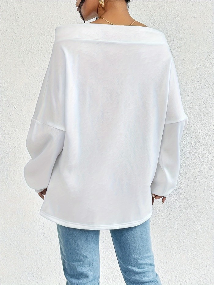 Winter Apparel Chic Women's Off-Shoulder Drawstring Sweatshirt - Casual Long Sleeve, Loose Fit, Solid Color Pullover for Fall\u002FWinter, Machine Washable