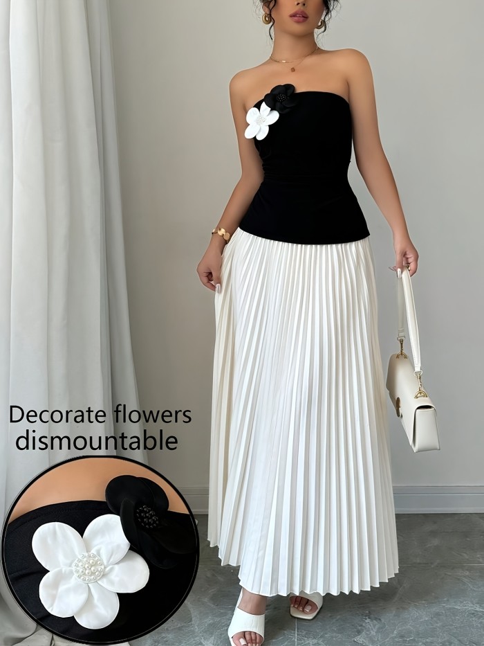 Elegant Women's Off-Shoulder Color Block Dress - Chic Polyester A-Line Maxi with Ribbed Detail, Perfect for Summer Events & Parties