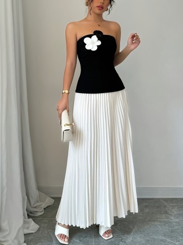 Elegant Women's Off-Shoulder Color Block Dress - Chic Polyester A-Line Maxi with Ribbed Detail, Perfect for Summer Events & Parties