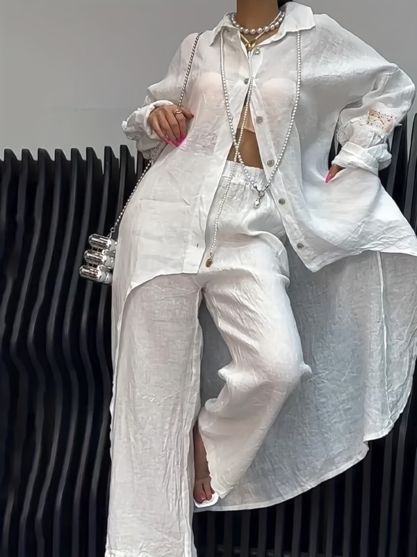 Women's Fashion Long Design Shirt and Pants Two-piece Set Elegant Casual Shirt Suit