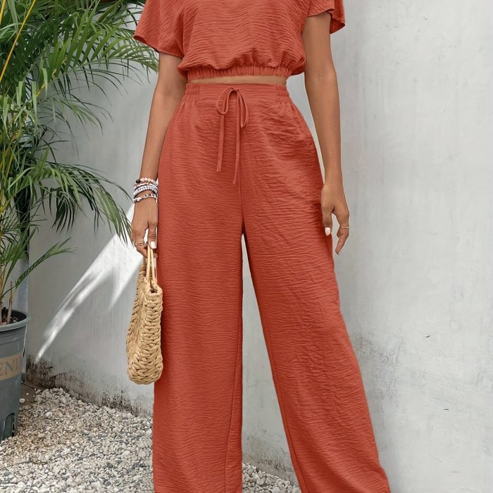 Solid Color Summer & Spring Casual Two-piece Set, Batwing Sleeve Crop Top & Tie Front Pants Outfits, Women's Clothing