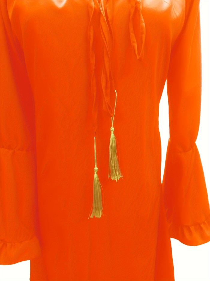 Women'S Off Shoulder Tassel Dress, Casual Solid Color Polyester A-Line Dress with Drawstring Detail, Woven Fabric, Spring\u002FFall Apparel, 100g\u002Fm² - Bright Orange