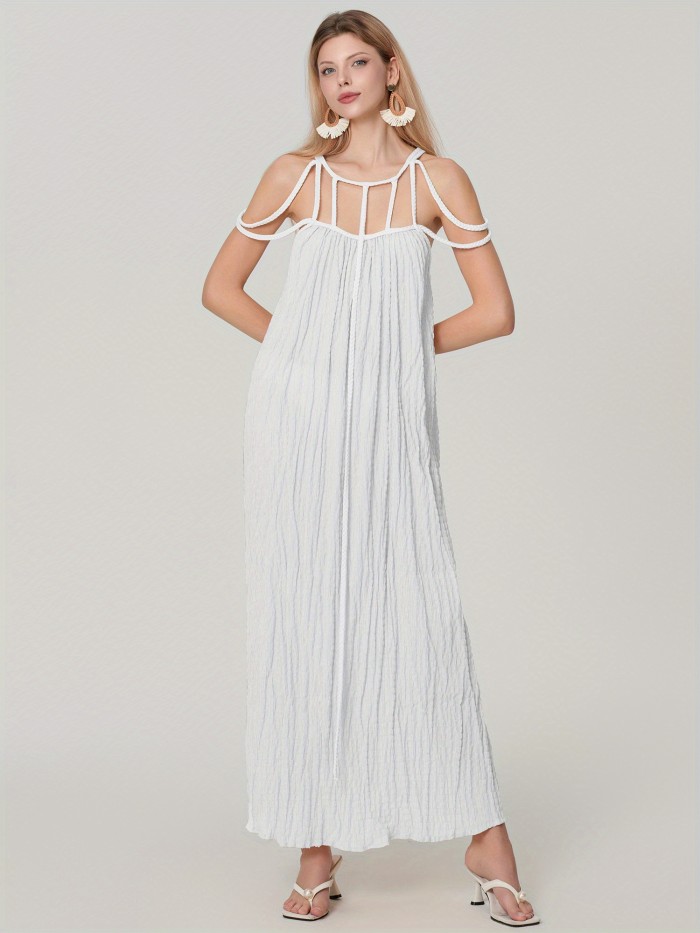 Elegant Women's Sleeveless Spaghetti Strap Maxi Dress - Chic Hollow-Out Design, Off-Shoulder Neck, Lightweight Polyester, Perfect for Summer Beach Vacations