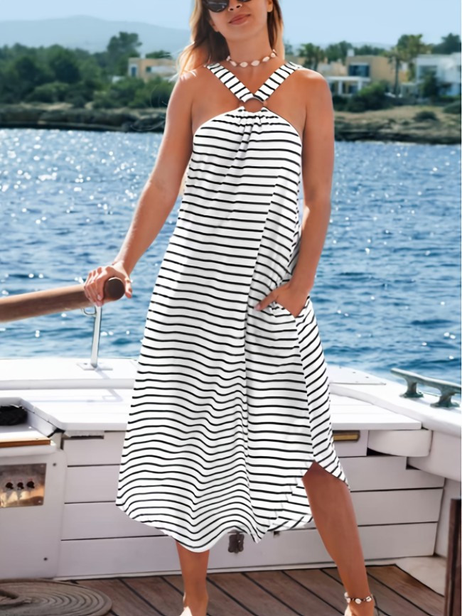 1pc Elegant Striped Knit A-Line Dress for Women, Polyester Off-Shoulder with Cross Strap Detail, Lightweight 170g\u002Fm² Fabric, for Spring\u002FSummer\u002FAutumn
