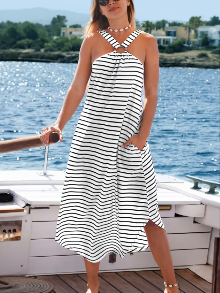 1pc Elegant Striped Knit A-Line Dress for Women, Polyester Off-Shoulder with Cross Strap Detail, Lightweight 170g\u002Fm² Fabric, for Spring\u002FSummer\u002FAutumn
