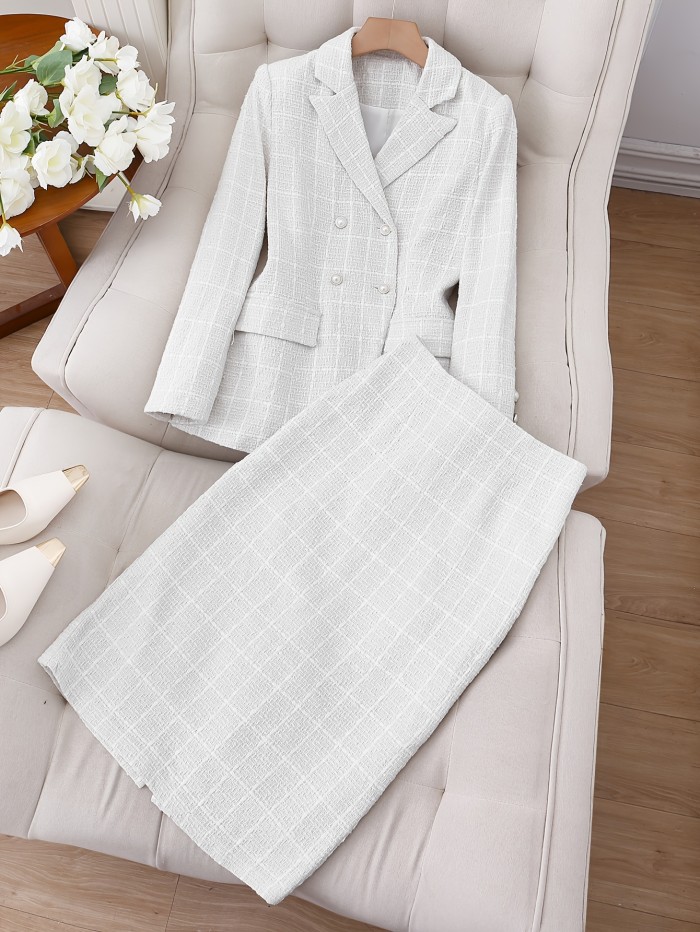 Pea Coat Style Polyester Suit Set - Elegant Solid Color Woven Jacket and Skirt Ensemble with Button Details for All Seasons
