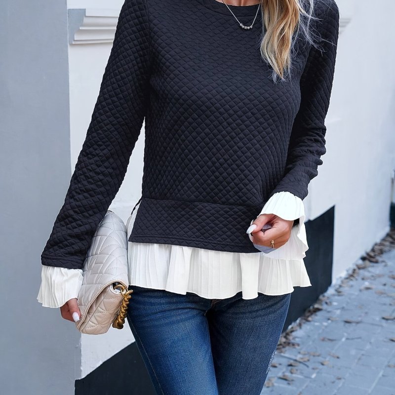 2-in-1 Versatile Mixed Media Pullover Sweatshirt - Soft Argyle Texture, Casual Long Sleeve Crew Neck, Fall & Winter Essential, Women's Cozy Clothing for Everyday Wear