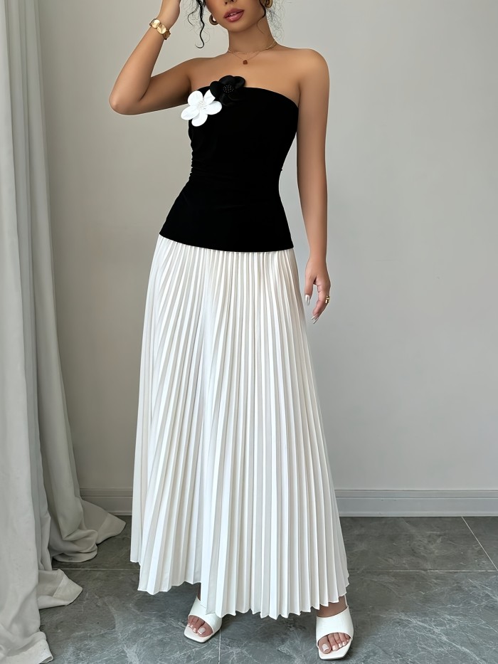 Elegant Women's Off-Shoulder Color Block Dress - Chic Polyester A-Line Maxi with Ribbed Detail, Perfect for Summer Events & Parties