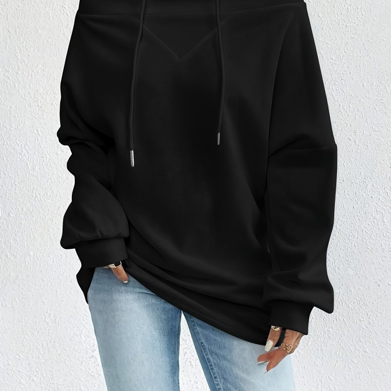 Winter Apparel Chic Women's Off-Shoulder Drawstring Sweatshirt - Casual Long Sleeve, Loose Fit, Solid Color Pullover for Fall\u002FWinter, Machine Washable