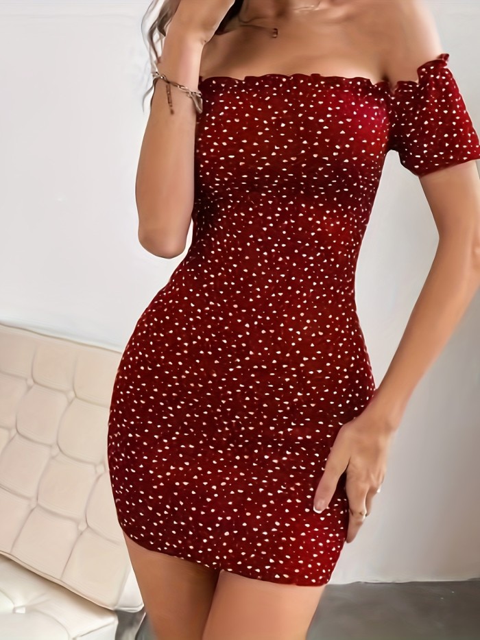 Heart Print Off Shoulder Dress, Elegant Ruffle Trim Bodycon Dress for Spring & Summer, Women's Clothing