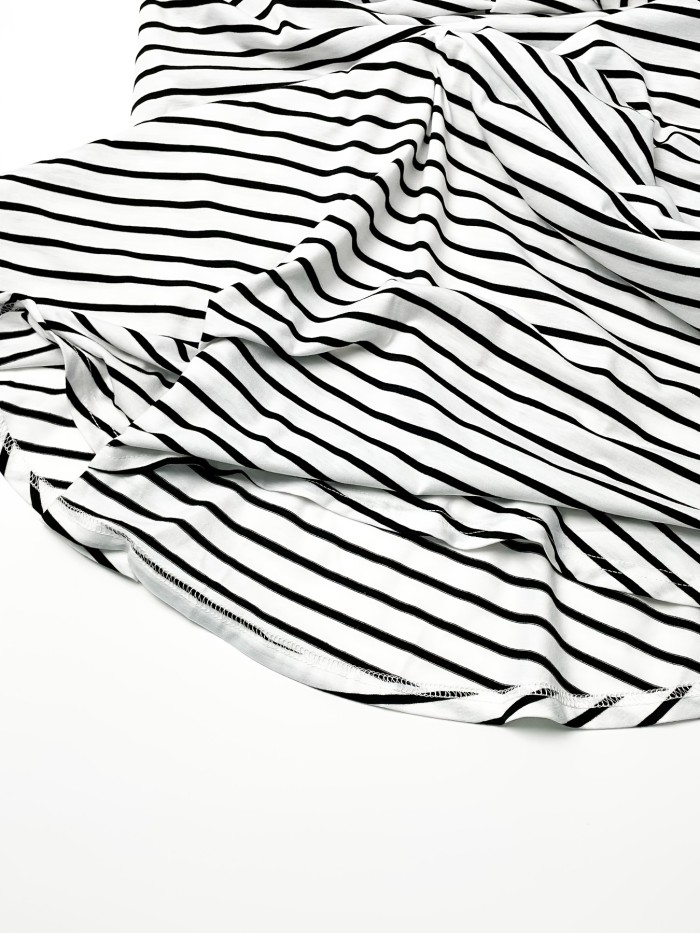 1pc Elegant Striped Knit A-Line Dress for Women, Polyester Off-Shoulder with Cross Strap Detail, Lightweight 170g\u002Fm² Fabric, for Spring\u002FSummer\u002FAutumn