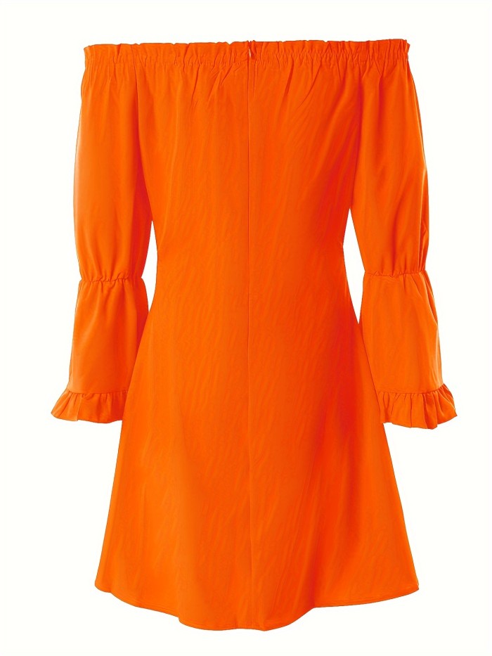 Women'S Off Shoulder Tassel Dress, Casual Solid Color Polyester A-Line Dress with Drawstring Detail, Woven Fabric, Spring\u002FFall Apparel, 100g\u002Fm² - Bright Orange