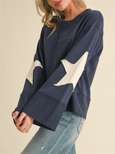 Women's Cozy Star Patchwork Sweatshirt - Navy Blue, Long Sleeve, Round Neck, Soft Polyester Pullover with V-Shaped Hem, Casual & Oversized Fit, Machine Washable, Allseason Apparel|Round Neck Top|Soft Polyester Fabric