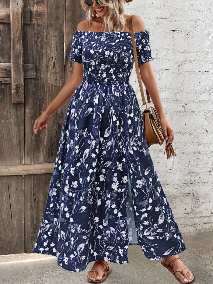 Elegant Off-Shoulder Floral Maxi Dress for Women - Chic Ruffle Hem, 100% Polyester, Machine Washable, Blue & White Pattern - Perfect for Spring\u002FSummer