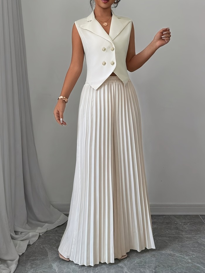 Elegant Solid Color Blazer & Pleated Wide-Leg Pants Set for Women - Machine Washable, Polyester\u002FSpandex Blend