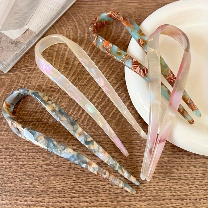 1pc U-Shaped Hair Pins, Assorted Colors, Elegant Acetate Hair Clips For Women, Thick Hair Accessories For Daily Use, Durable & Stylish
