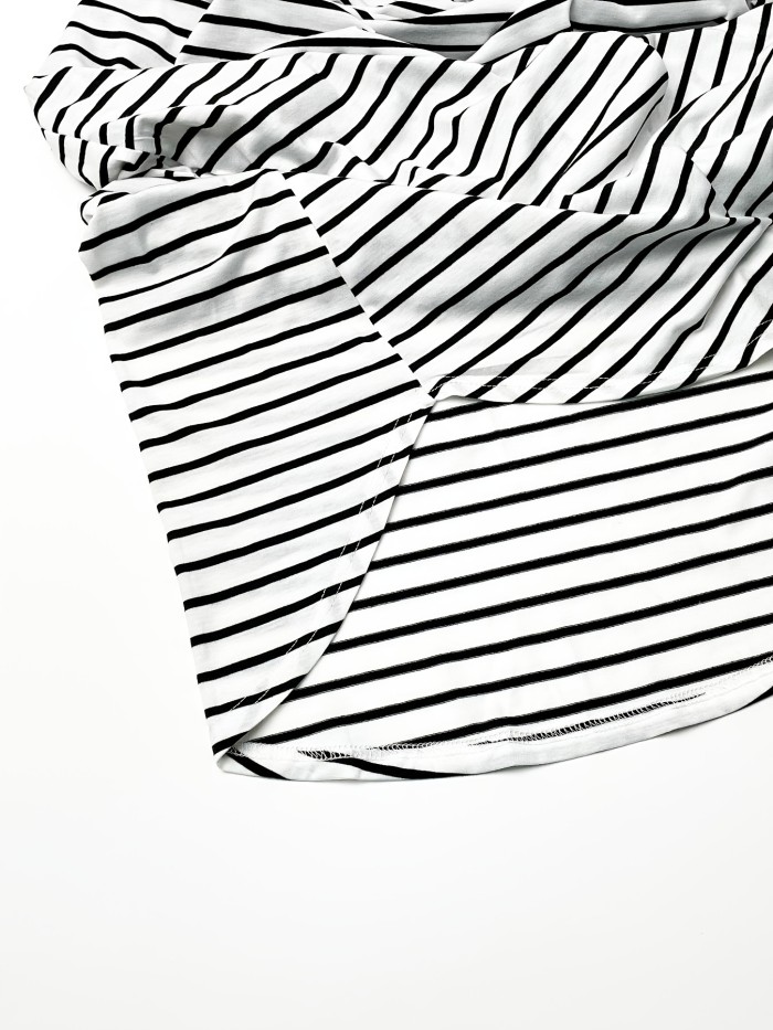 1pc Elegant Striped Knit A-Line Dress for Women, Polyester Off-Shoulder with Cross Strap Detail, Lightweight 170g\u002Fm² Fabric, for Spring\u002FSummer\u002FAutumn