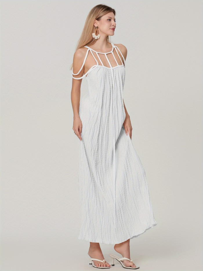 Elegant Women's Sleeveless Spaghetti Strap Maxi Dress - Chic Hollow-Out Design, Off-Shoulder Neck, Lightweight Polyester, Perfect for Summer Beach Vacations