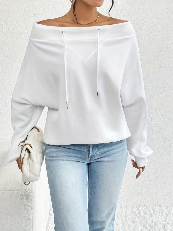 Winter Apparel Chic Women's Off-Shoulder Drawstring Sweatshirt - Casual Long Sleeve, Loose Fit, Solid Color Pullover for Fall\u002FWinter, Machine Washable