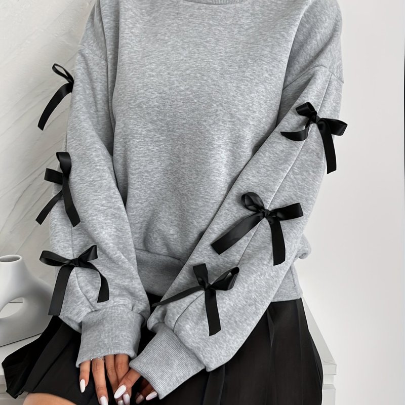 Women'S Elegant Solid Color Crew Neck Sweatshirt with Bow Detail, 100% Polyester Knit Fabric, Long Sleeve, Regular Length, Fall Fashion Top - 240gsm