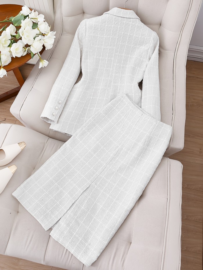 Pea Coat Style Polyester Suit Set - Elegant Solid Color Woven Jacket and Skirt Ensemble with Button Details for All Seasons