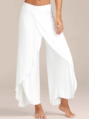 Elegant High-Waist Wide Leg Pants for Women - Solid Color, Stretchy & Comfortable with Side Slit Detail, Perfect for Spring\u002FSummer\u002FFall