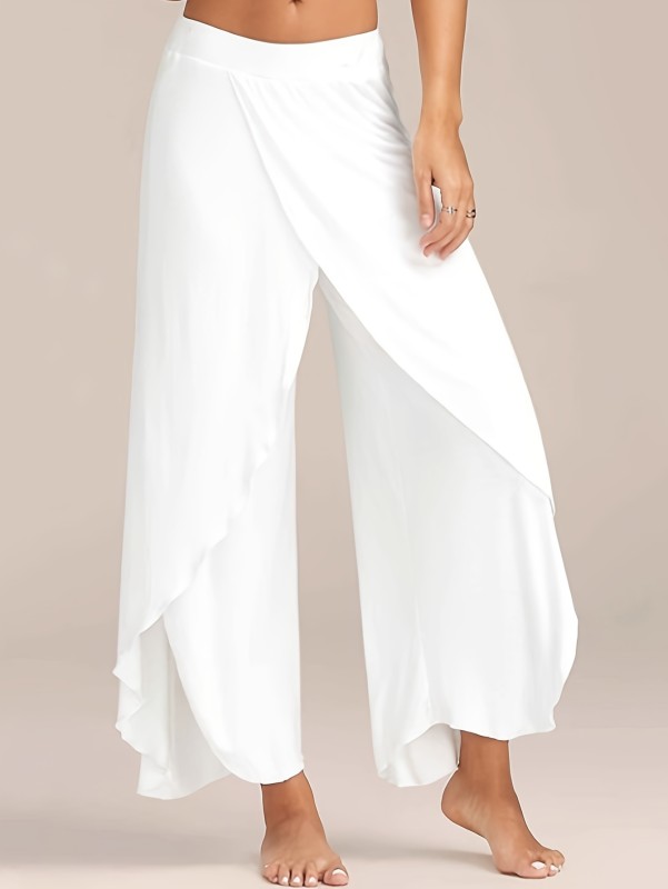 Elegant High-Waist Wide Leg Pants for Women - Solid Color, Stretchy & Comfortable with Side Slit Detail, Perfect for Spring\u002FSummer\u002FFall
