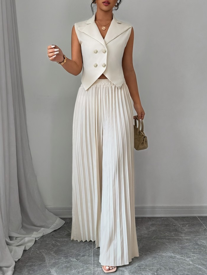 Elegant Solid Color Blazer & Pleated Wide-Leg Pants Set for Women - Machine Washable, Polyester\u002FSpandex Blend